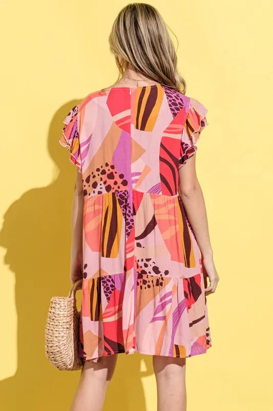 Image of And The Why Printed Double Ruffles Sleeve Dress | Queeble.shop
