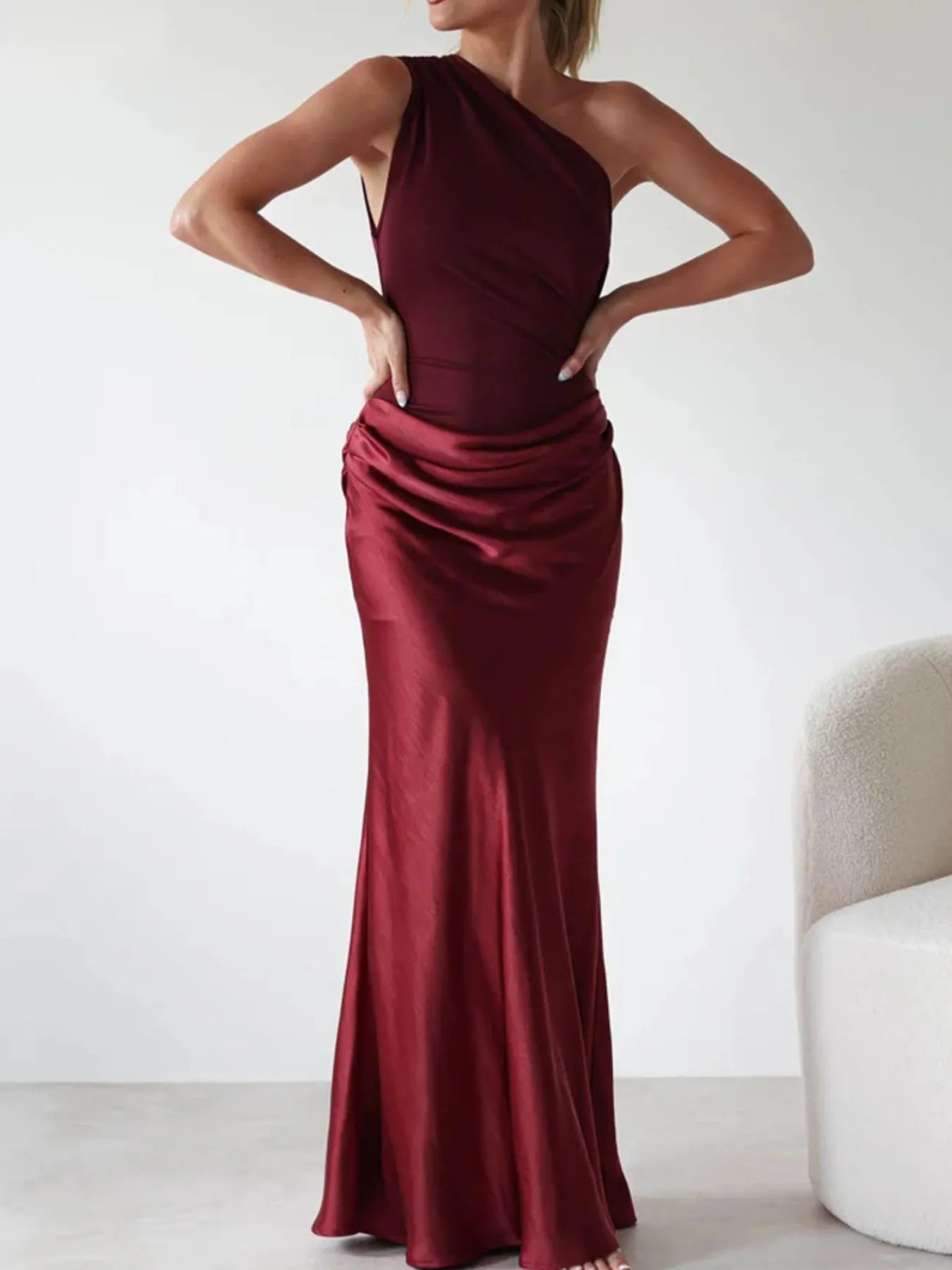 Image of One Shoulder Ruched Bodycon Maxi Dress | Queeble.shop