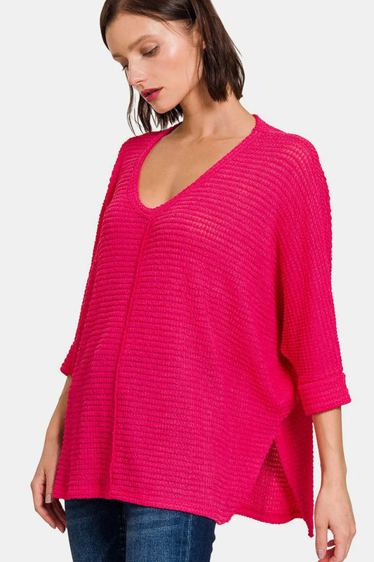 Image of Zenana V-Neck High-Low Jacquard Knit Top | Queeble.shop