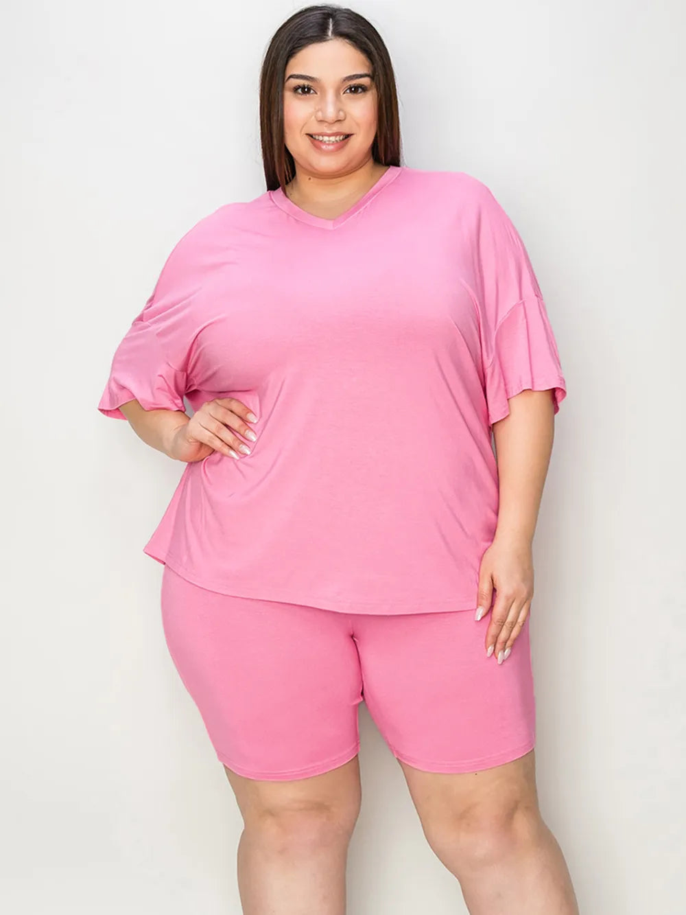 Image of Basic Bae Full Size V-Neck Drop Shoulder T-Shirt and Shorts Set | Queeble.shop