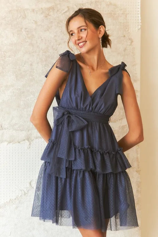 Image of ADORA Tie Shoulder Polka Dot Mesh Dress | Queeble.shop