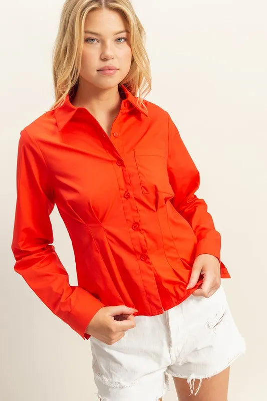 Image of HYFVE Long Sleeve Pleated Waist Poplin Shirt | Queeble.shop