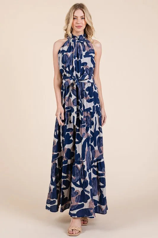 Image of Lime 'N' Chili Abstract Halter Neck Tie-Waist Tiered Maxi Dress | Queeble.shop