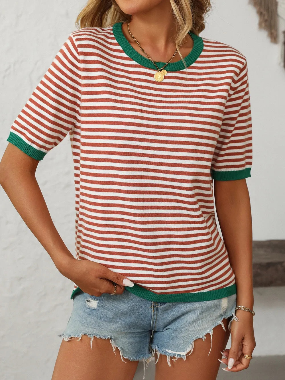 Image of Mandy Striped Round Neck Half Sleeve Knit Top | Queeble.shop