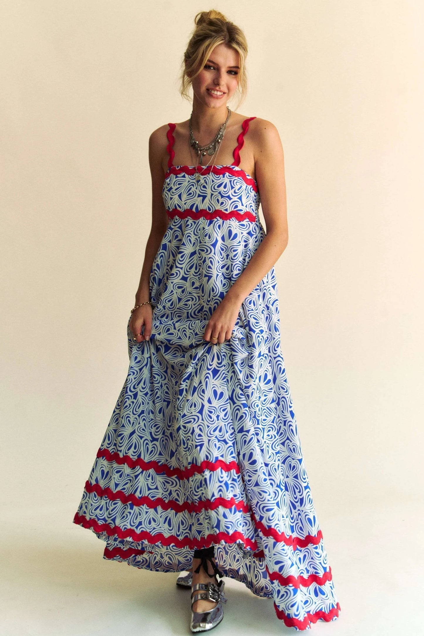 Image of Davi & Dani Geo 2 Tone Printed Wavi Trim Tiered Maxi Dress | Queeble.shop