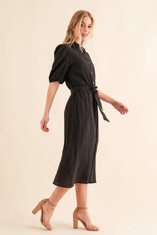 Image of And The Why Waffle Textured Ribbon Waist Midi Dress | Queeble.shop