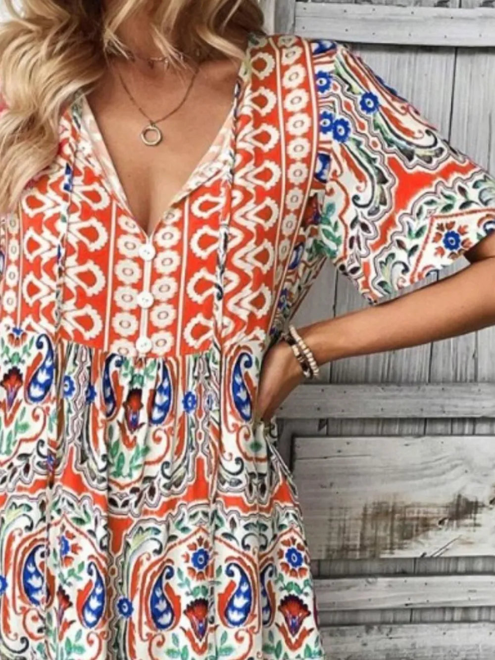 Image of Printed Tie Neck Short Sleeve Dress | Queeble.shop