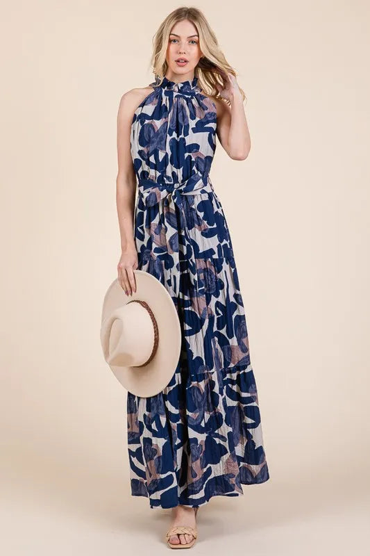 Image of Lime 'N' Chili Abstract Halter Neck Tie-Waist Tiered Maxi Dress | Queeble.shop
