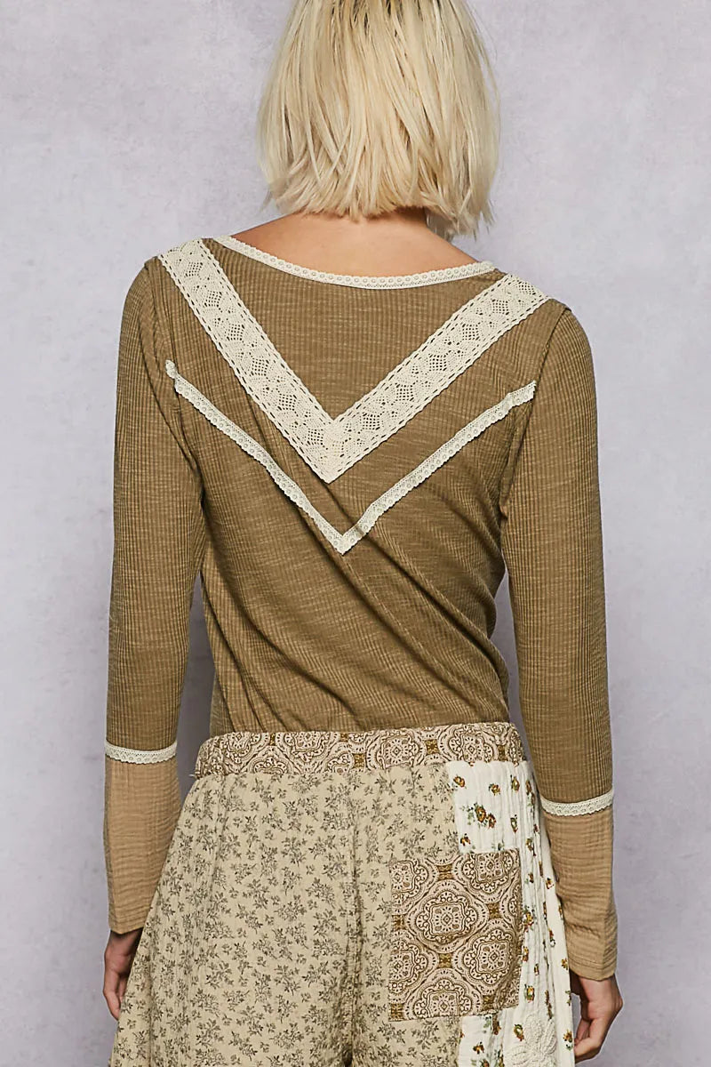 Image of POL Ribbed Half Button Lace Detail Knit Top | Queeble.shop