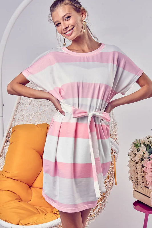 Image of BiBi Tie Front Striped Short Sleeve Dress | Queeble.shop