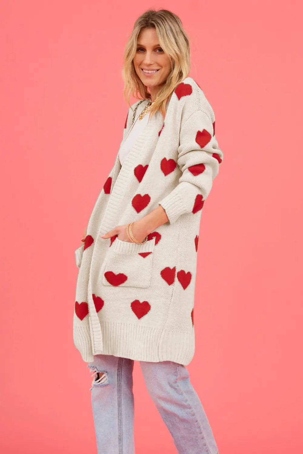 Image of Heart Graphic Open Front Cardigan with Pockets | Queeble.shop
