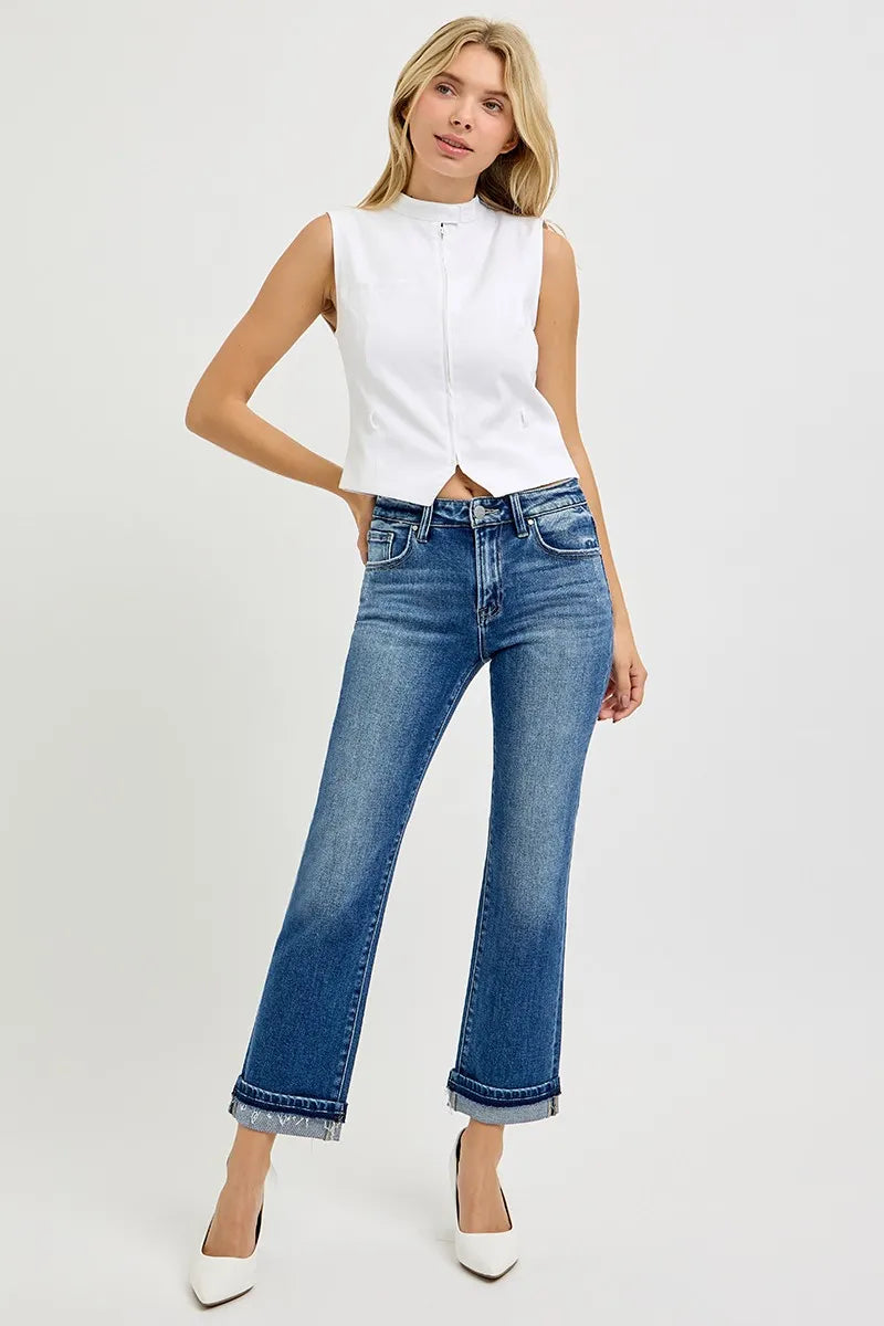 Image of RISEN Mid Rise Ankle Straight Cuffed Jeans | Queeble.shop