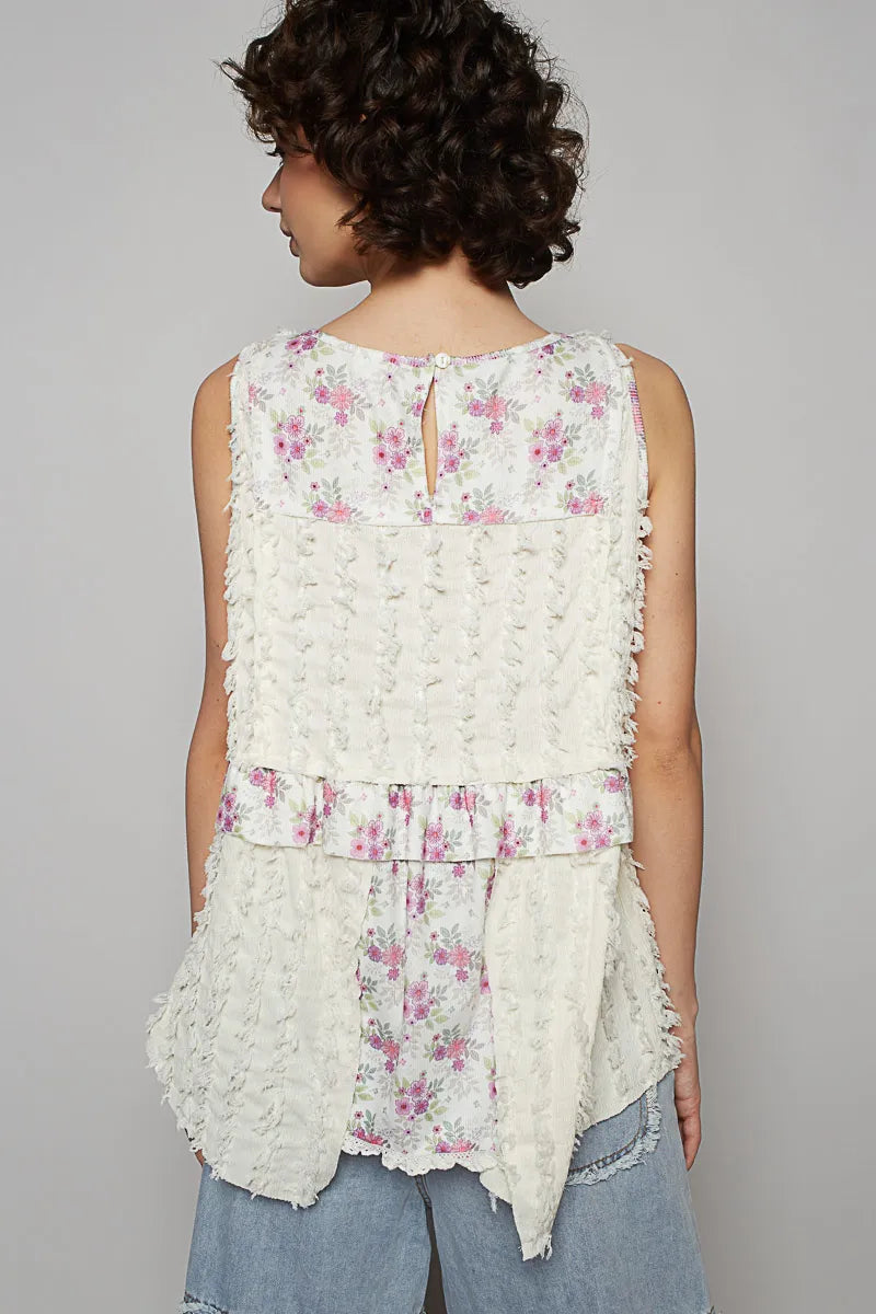 Image of POL Floral Textured Round Neck Sleeveless Top | Queeble.shop