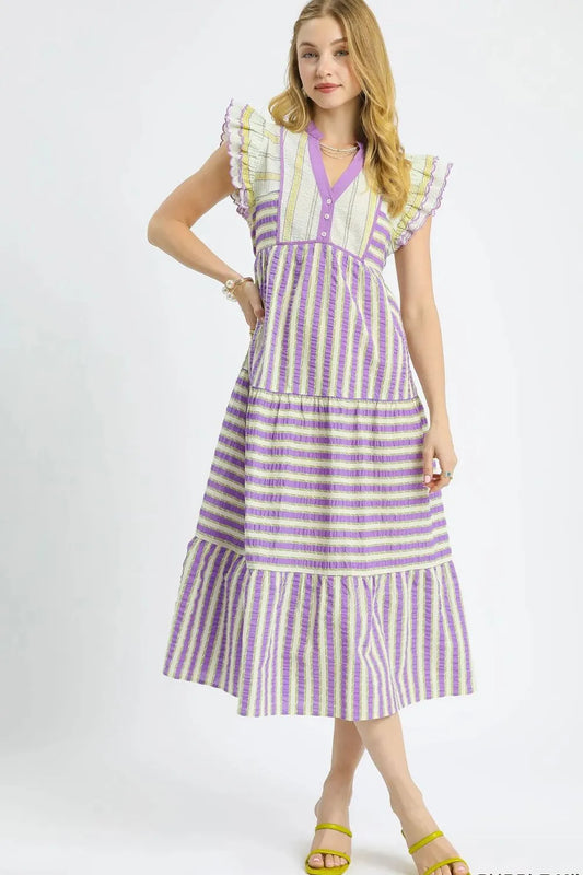 Image of Umgee Striped Ruffle Cap Sleeve Midi Dress | Queeble.shop