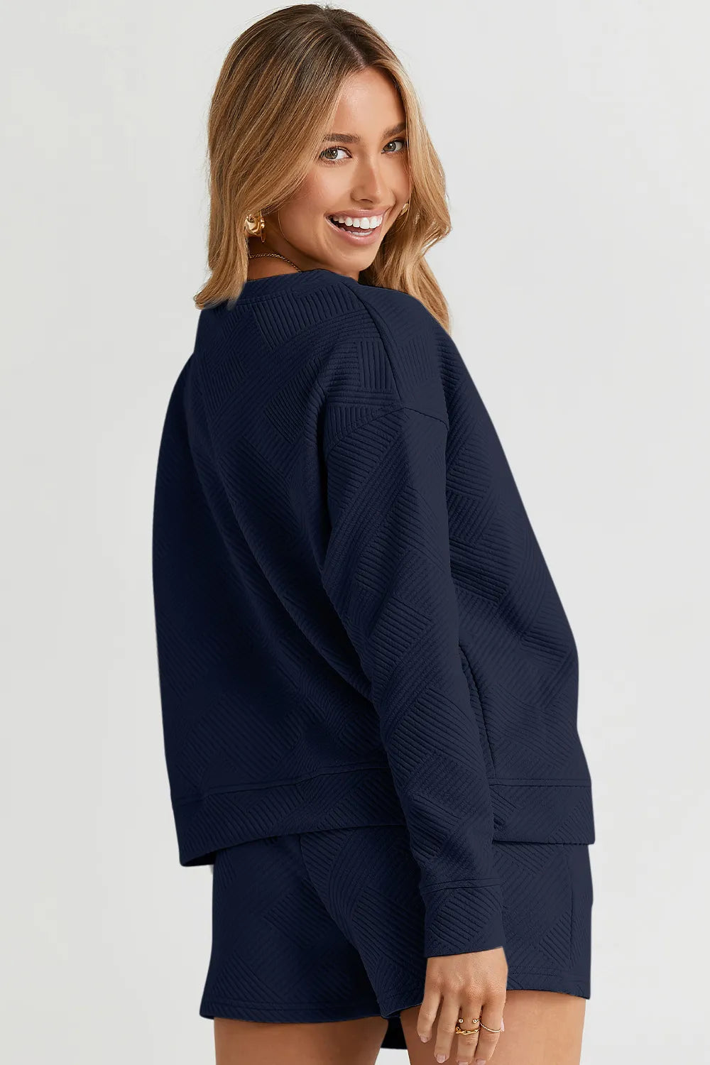 Image of Double Take Full Size Texture Long Sleeve Top and Drawstring Shorts Set | Queeble.shop