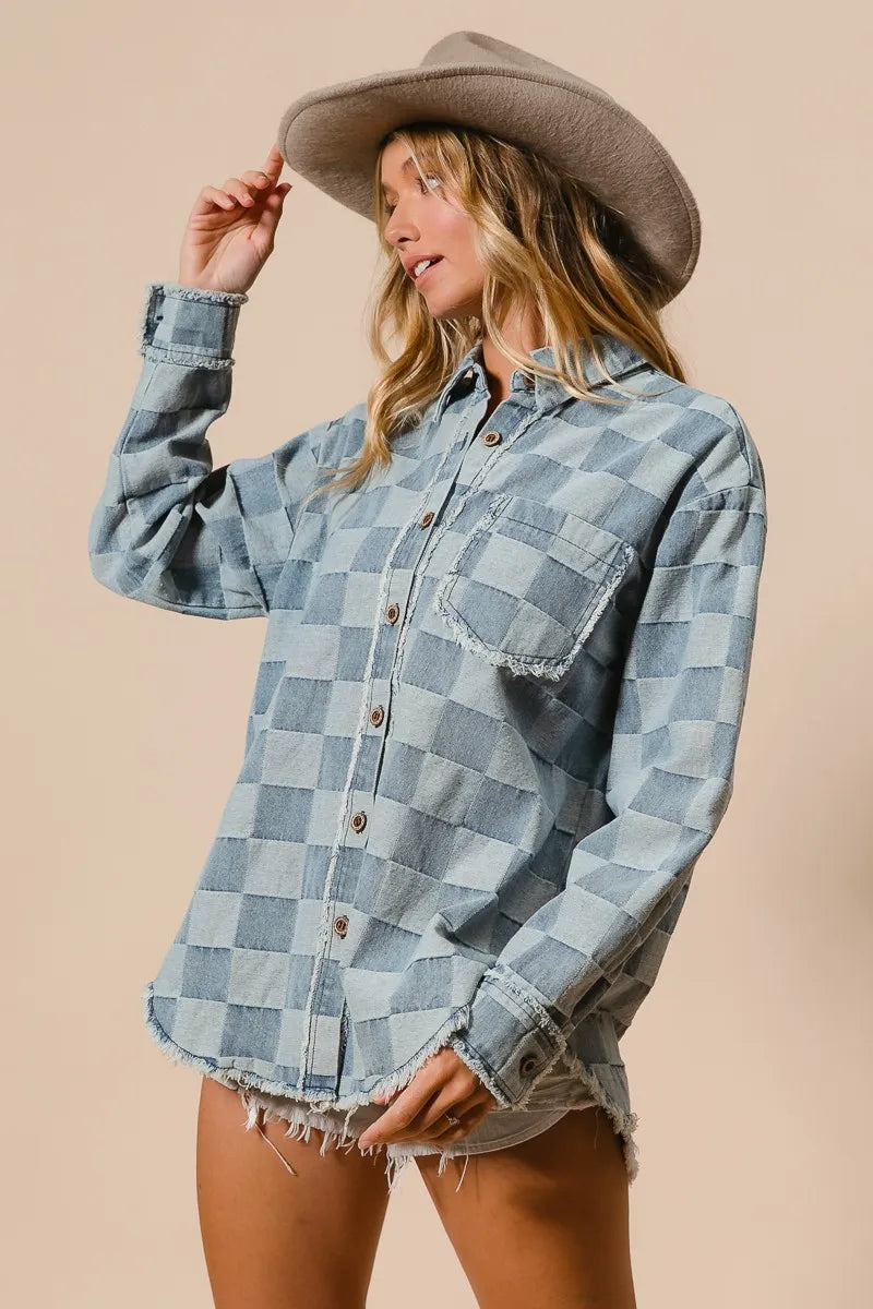 Image of BiBi Frayed Edged Detail Washed Checker Denim Shirt | Queeble.shop