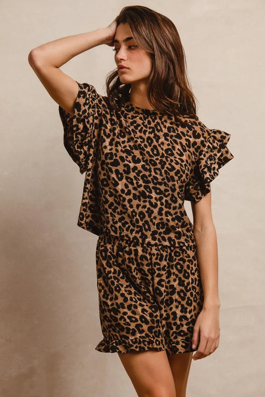 Image of BiBi Leopard Print Waffle Texture Layered Ruffle Sleeve Top and Shorts Set | Queeble.shop