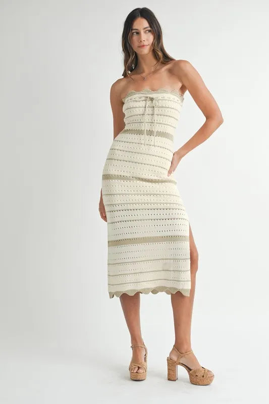 Image of MABLE Contrast Striped Crochet Knit Midi Dress | Queeble.shop