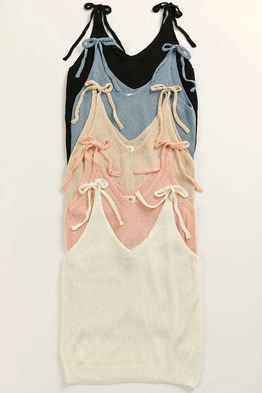 Image of BiBi Tied Shoulder Solid Knit Top | Queeble.shop