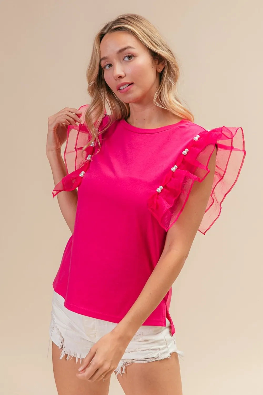 Image of BiBi Pearl Decor Mesh Ruffle Sleeve Top | Queeble.shop