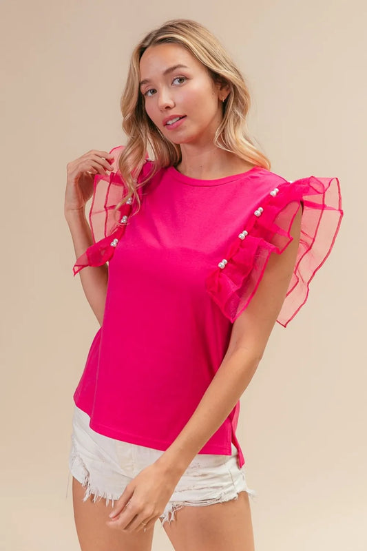 Image of BiBi Pearl Decor Mesh Ruffle Sleeve Top | Queeble.shop