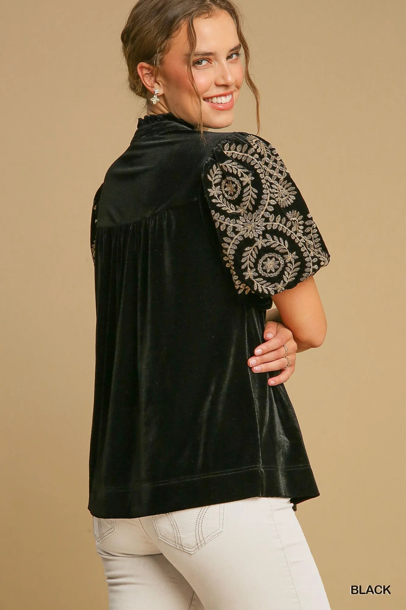 Image of Umgee Full Size Velvet Embroidered Sleeve Blouse Plus Size | Queeble.shop