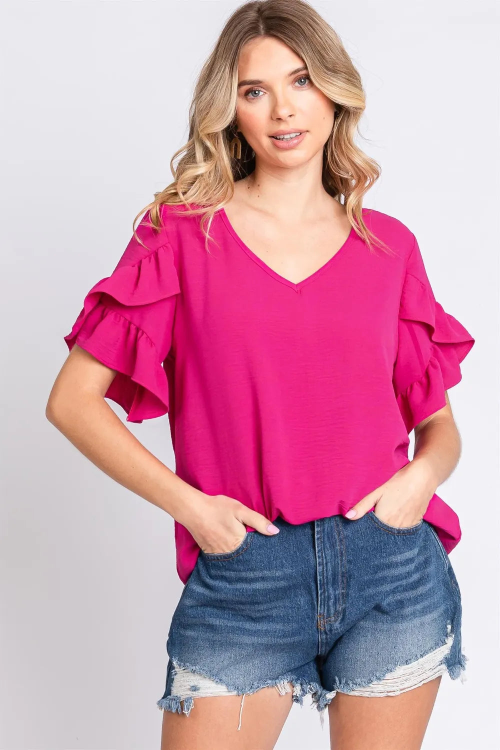 Image of GeeGee V-Neck Ruffle Trim Short Sleeve Blouse | Queeble.shop