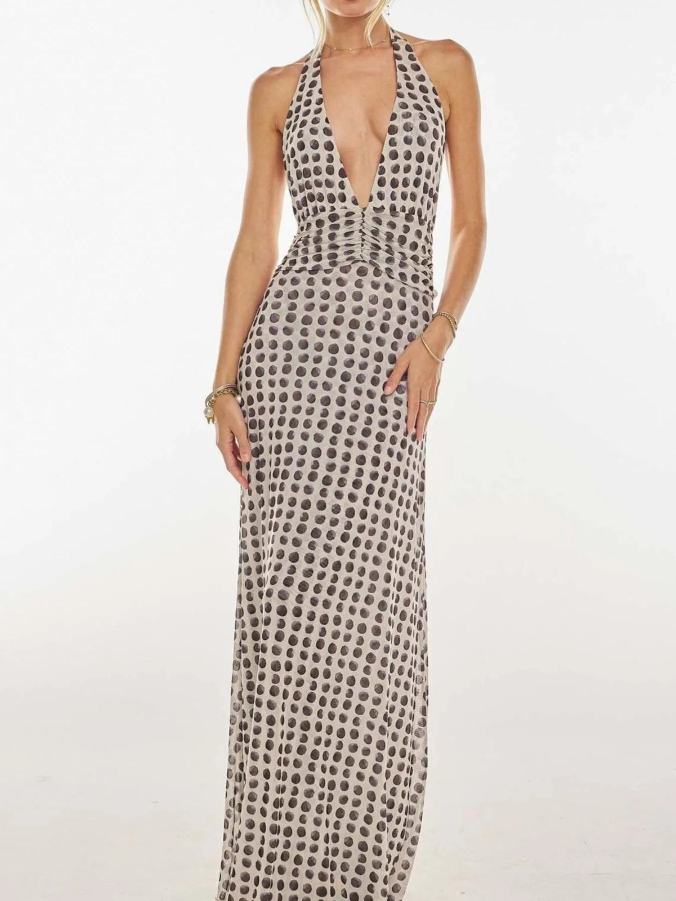 Image of Floral Halter Neck Deep V Maxi Dress | Queeble.shop