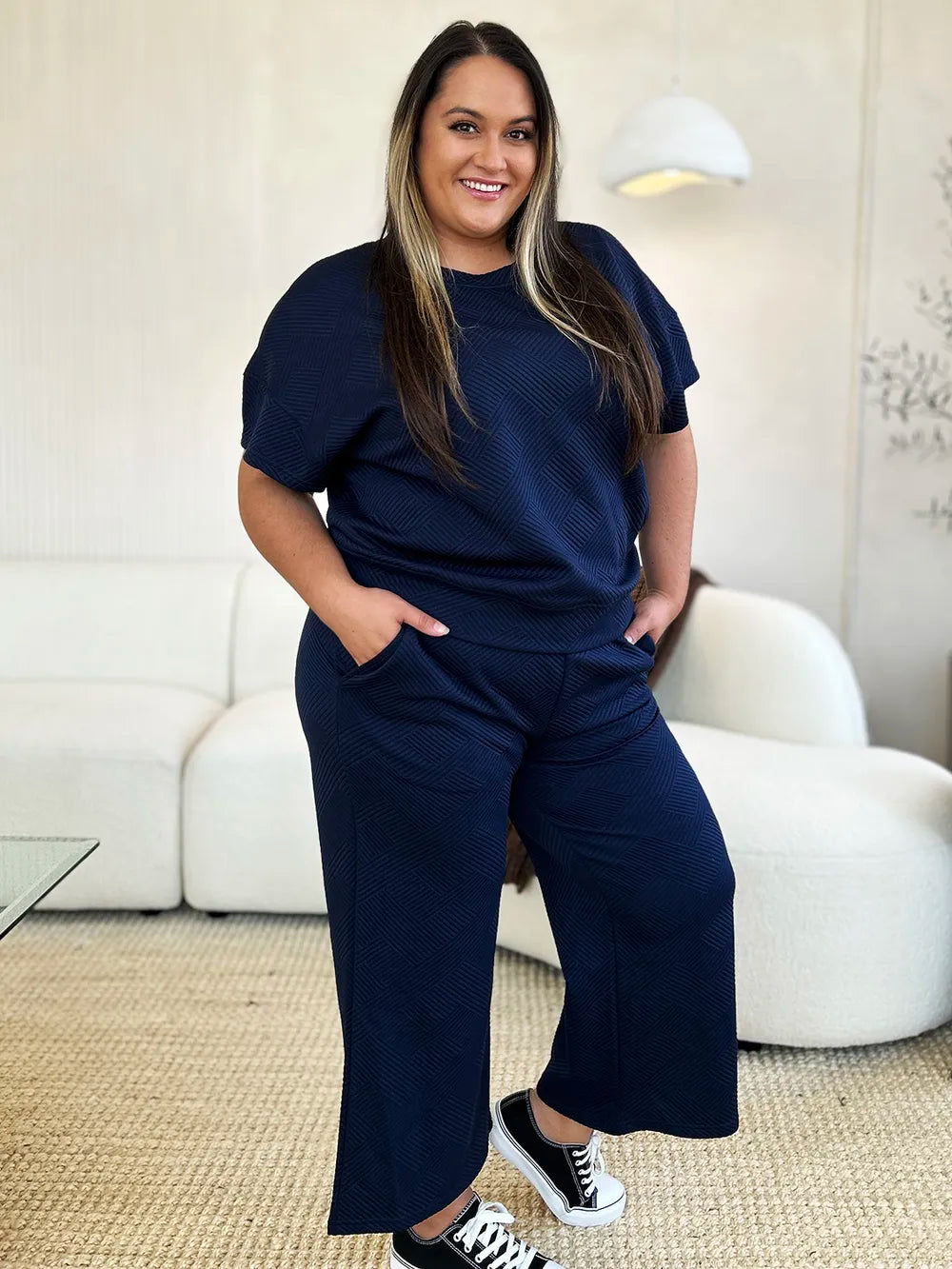 Image of Double Take Full Size Texture Short Sleeve Top and Pants Set | Queeble.shop