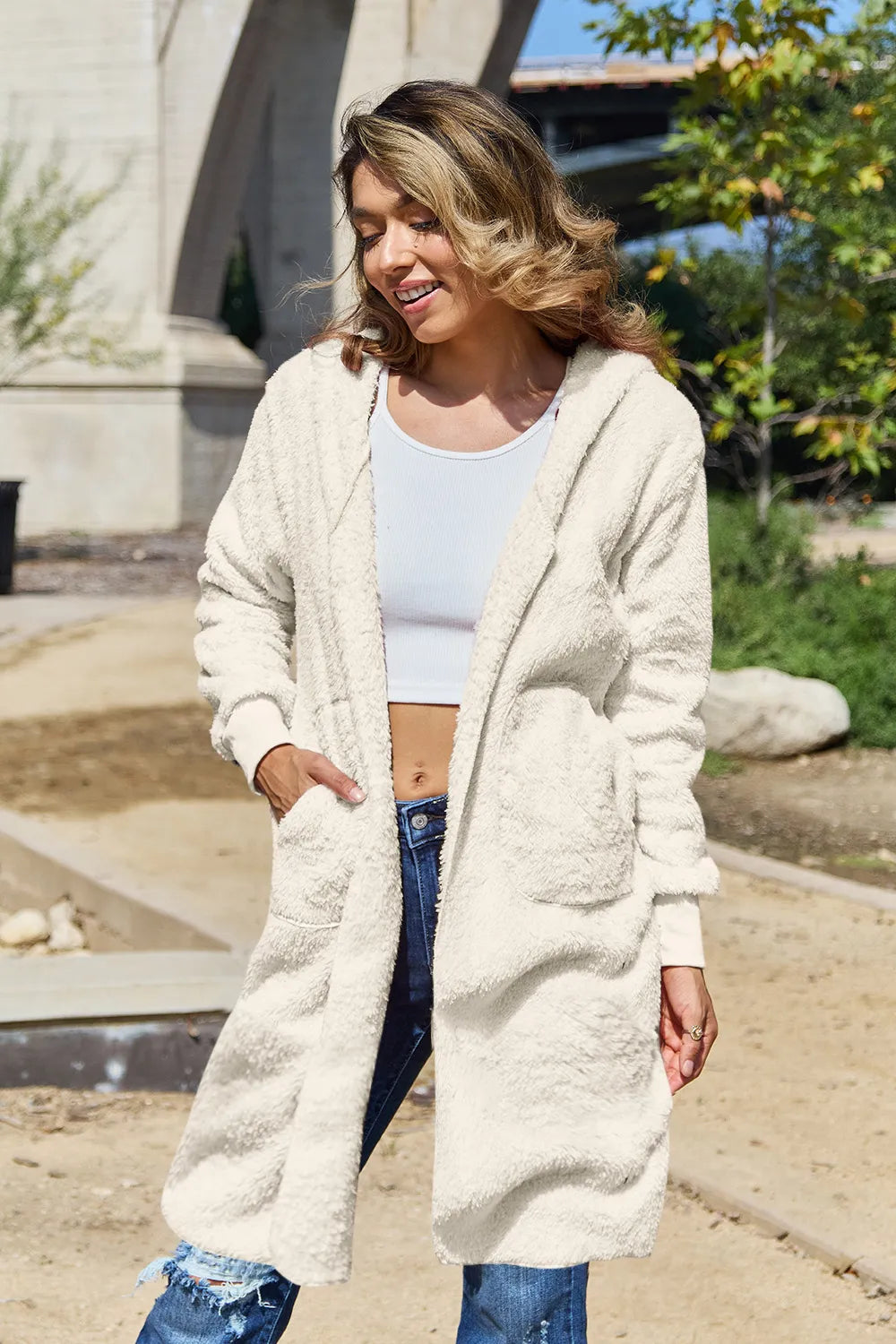 Image of Double Take Full Size Hooded Teddy Bear Jacket with Thumbholes | Queeble.shop
