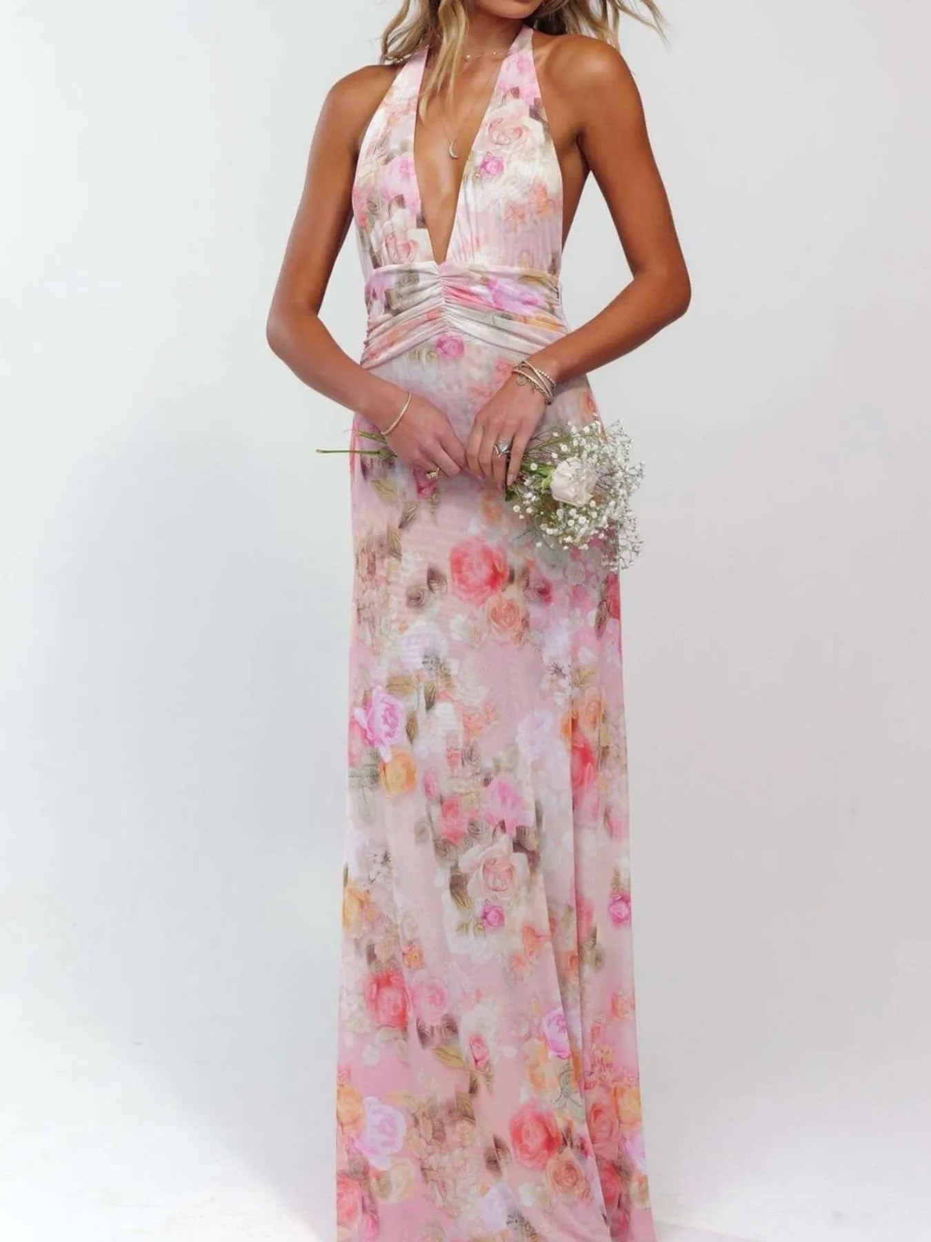 Image of Floral Halter Neck Deep V Maxi Dress | Queeble.shop