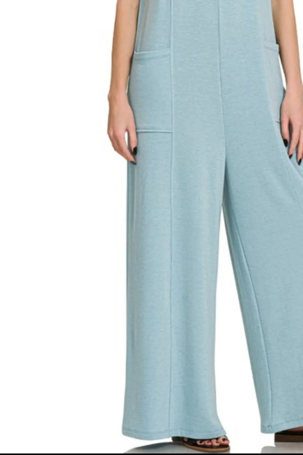 Image of Zenana French Terry Deep V Neck Jumpsuits | Queeble.shop