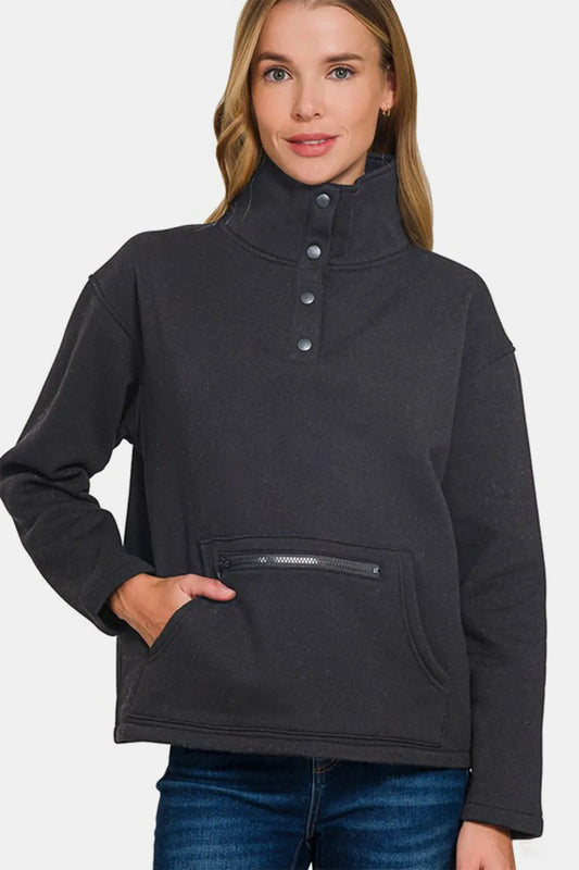 Image of Zenana Turtleneck Half Snap Fleece Sweatshirt | Queeble.shop