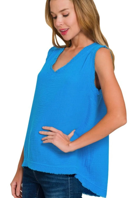 Image of Zenana Double Gauze Raw Edge V-Neck Tank | Queeble.shop