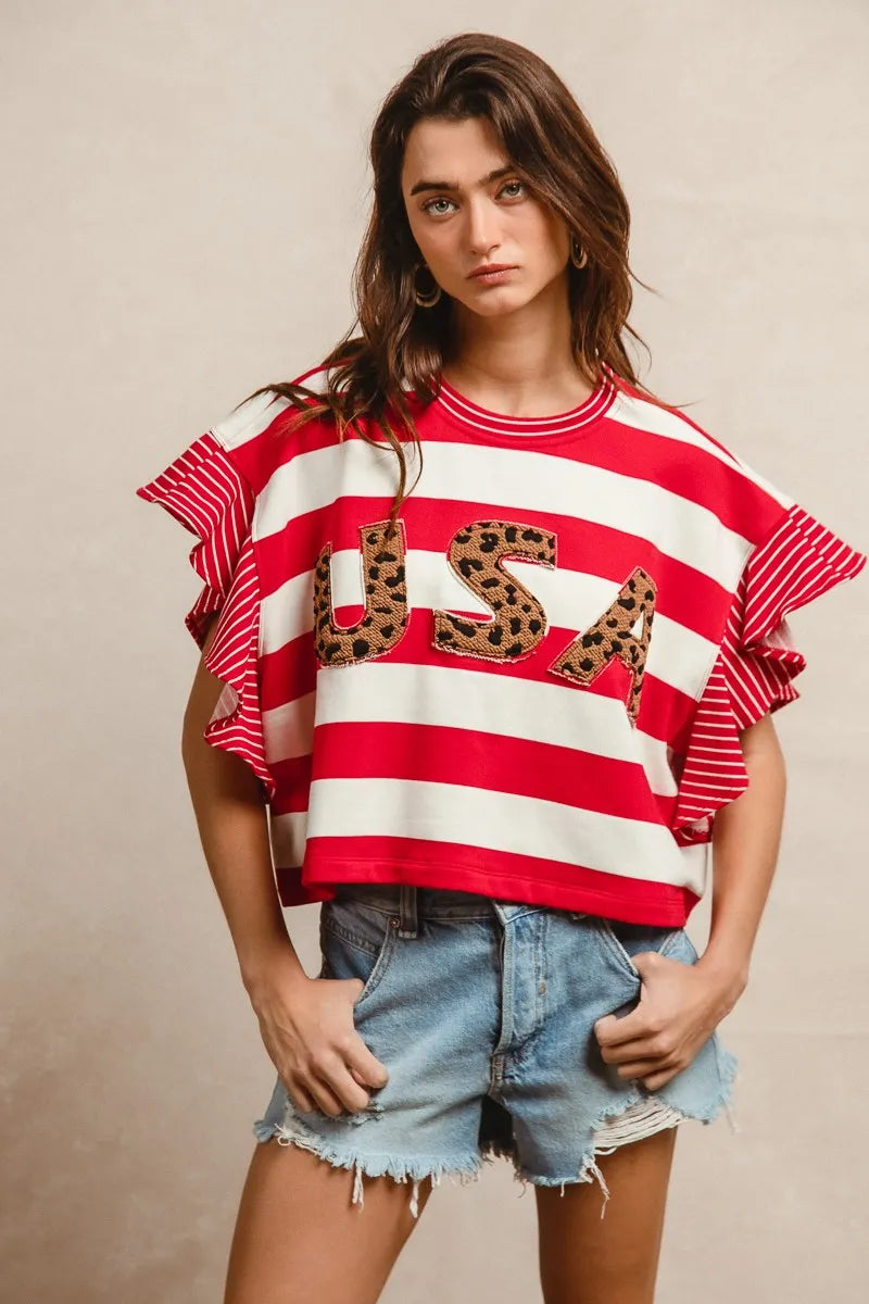 Image of BiBi Stripe Mixed Ruffle Sleeve Top With Leopard Letter | Queeble.shop