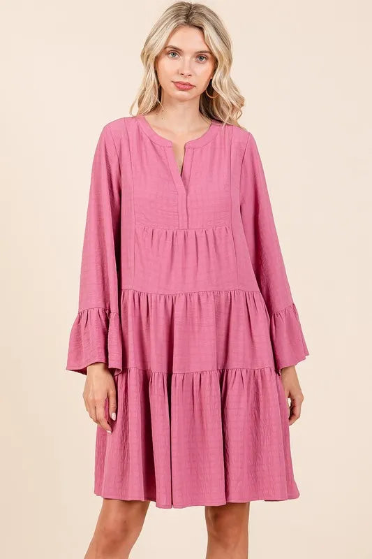 Image of Mittoshop Tiered Notched Flare Sleeve Dress | Queeble.shop