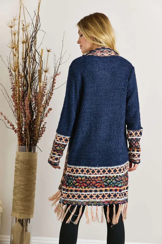 Image of ADORA Full Size Fringe Hem Aztec Border Cardigan Plus Size | Queeble.shop