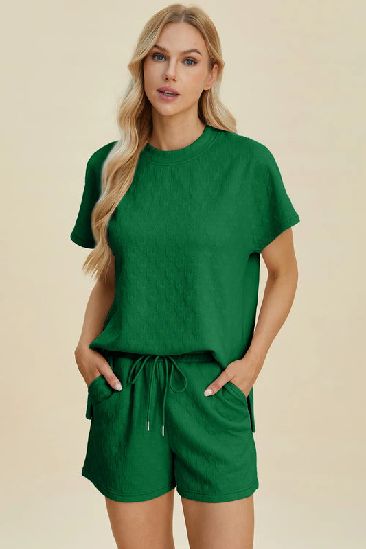 Image of Double Take Full Size Texture Round Neck Short Sleeve Top and Shorts Set | Queeble.shop