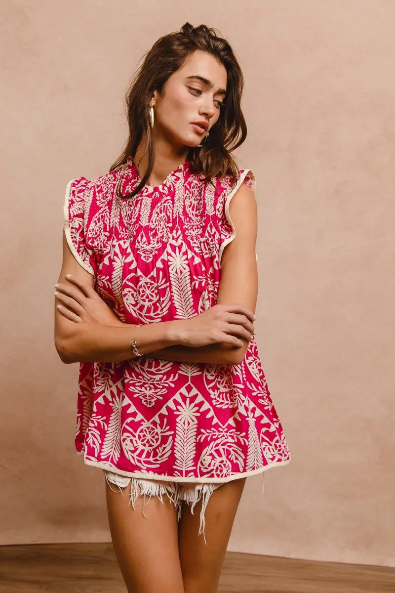 Image of BiBi Printed Ruffle Sleeve Top | Queeble.shop
