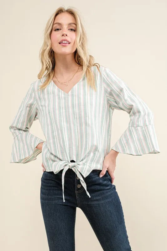 Image of And The Why Stripe Tie Knot Front Bell Sleeve Top | Queeble.shop