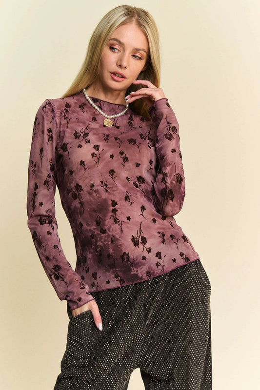 Image of Davi & Dani Floral Mesh Long Sleeve Sheer Layering Top | Queeble.shop