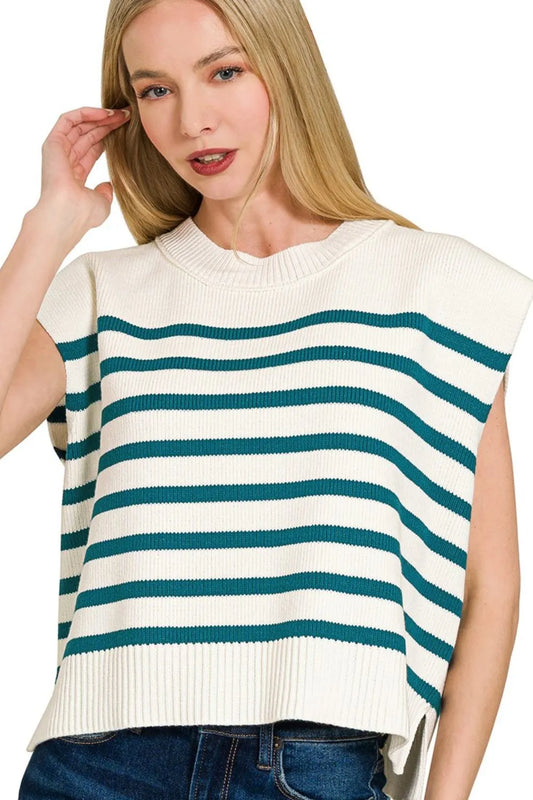 Image of Zenana Oversized Crew Neck Stripe Sweater Vest | Queeble.shop