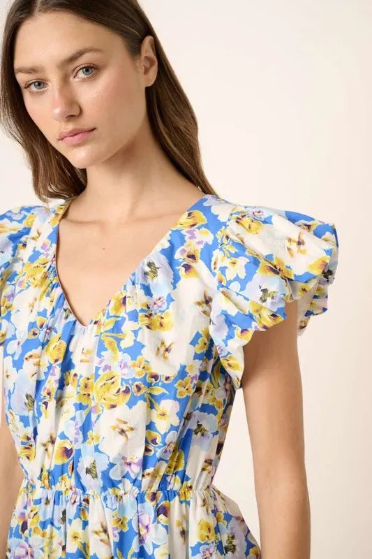 Image of Mittoshop Floral V-Neck Cap Sleeve Mini Dress | Queeble.shop