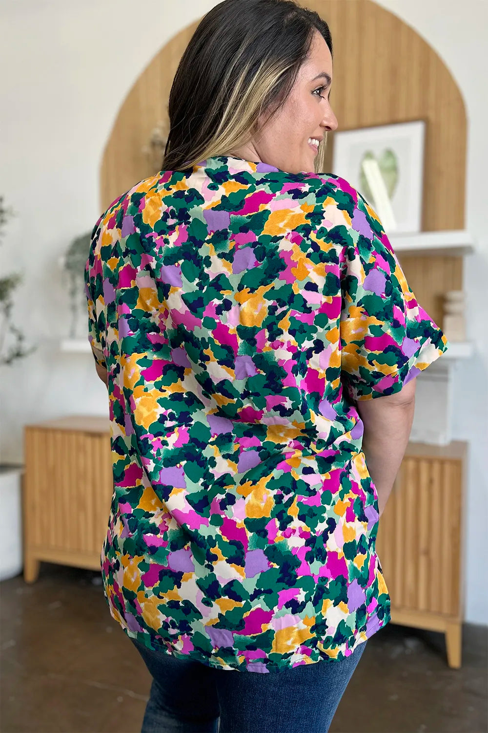 Image of Double Take Full Size Printed V-Neck Short Sleeve Side Slit Top | Queeble.shop