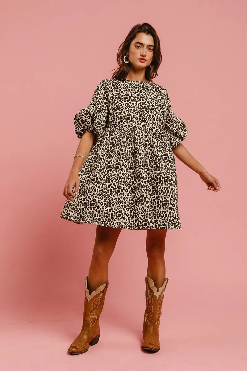 Image of BiBi Leopard Denim Dress With Back Contrast Tie Detail | Queeble.shop
