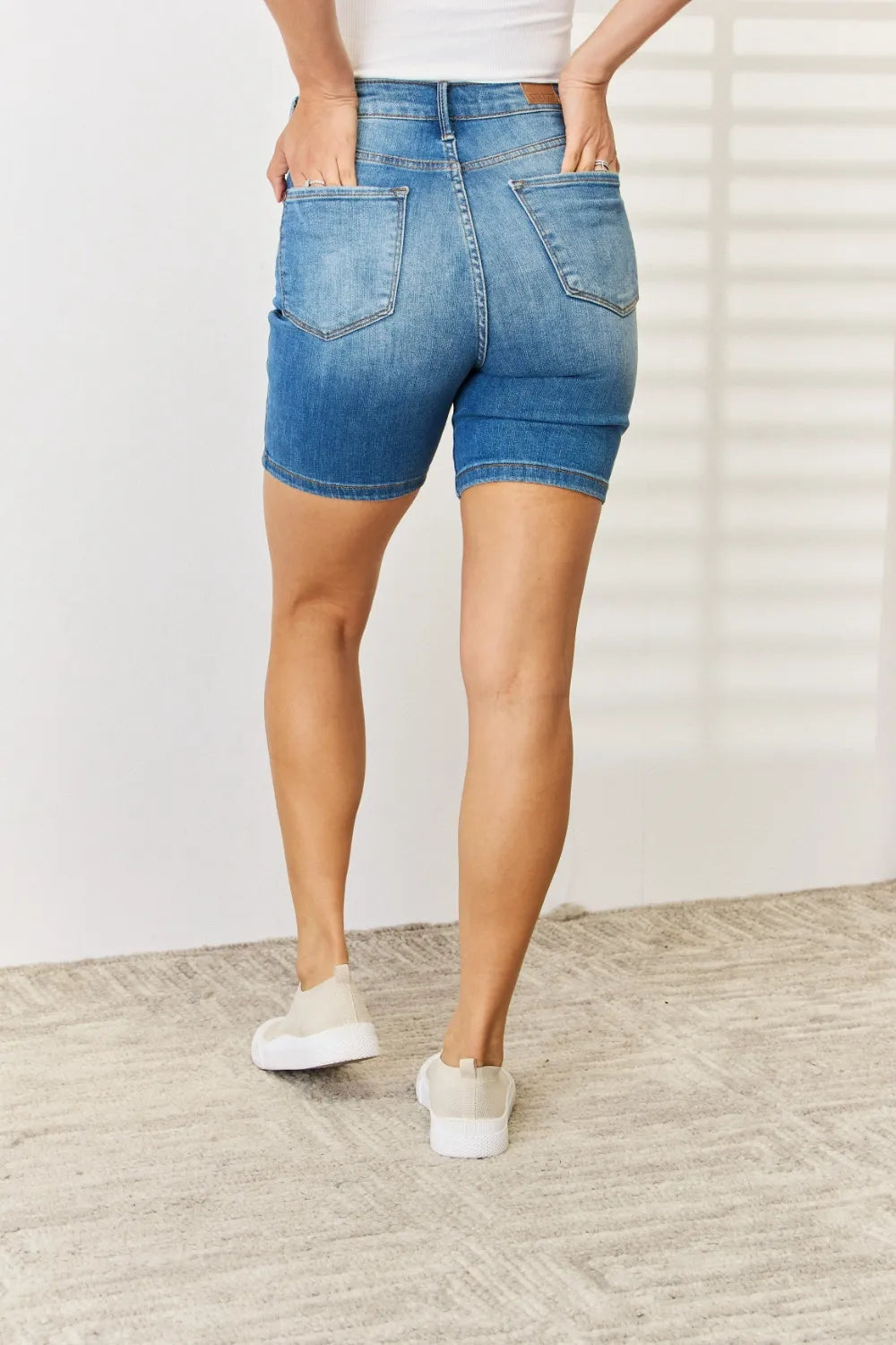 Image of Judy Blue Full Size Tummy Control Double Button Bermuda Denim Shorts | Queeble.shop