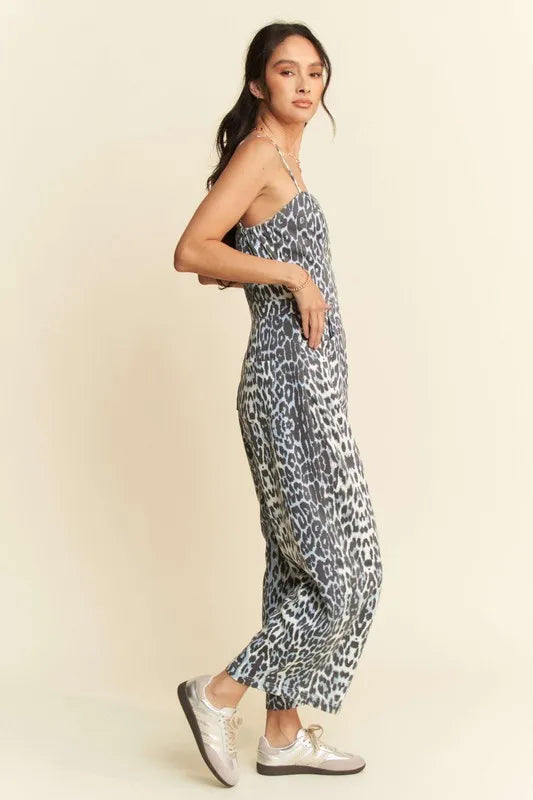 Image of Davi & Dani Leopard Spaghetti Straps Wide Leg Jumpsuit | Queeble.shop