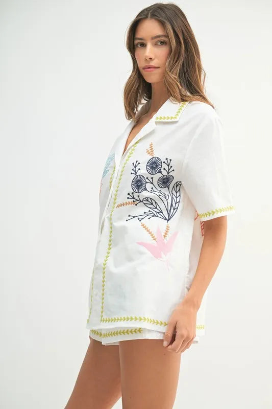 Image of MABLE Embroidered Button Down Shirt and Shorts Set | Queeble.shop
