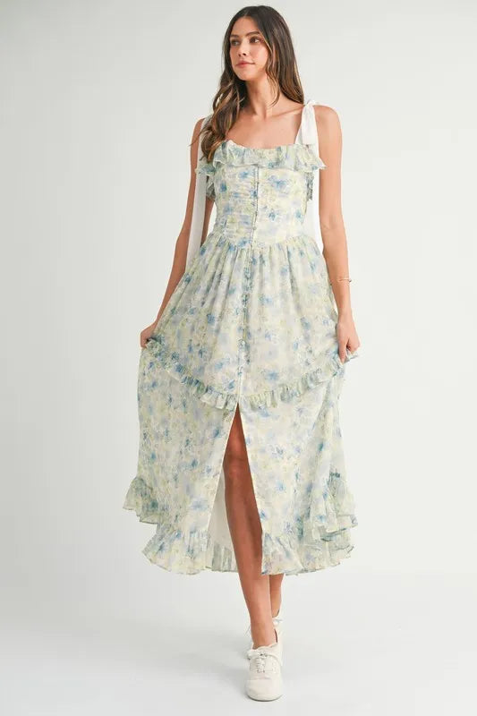 Image of MABLE Floral Printed Shoulder Strap Midi Dress | Queeble.shop