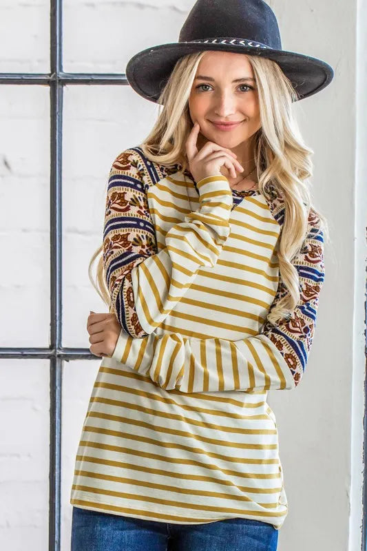 Image of And The Why Stripe Ethnic Print Raglan Top | Queeble.shop